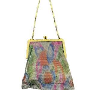 Vintage 1920s-40s Floral Mesh Evening Bag with Gold Hardware